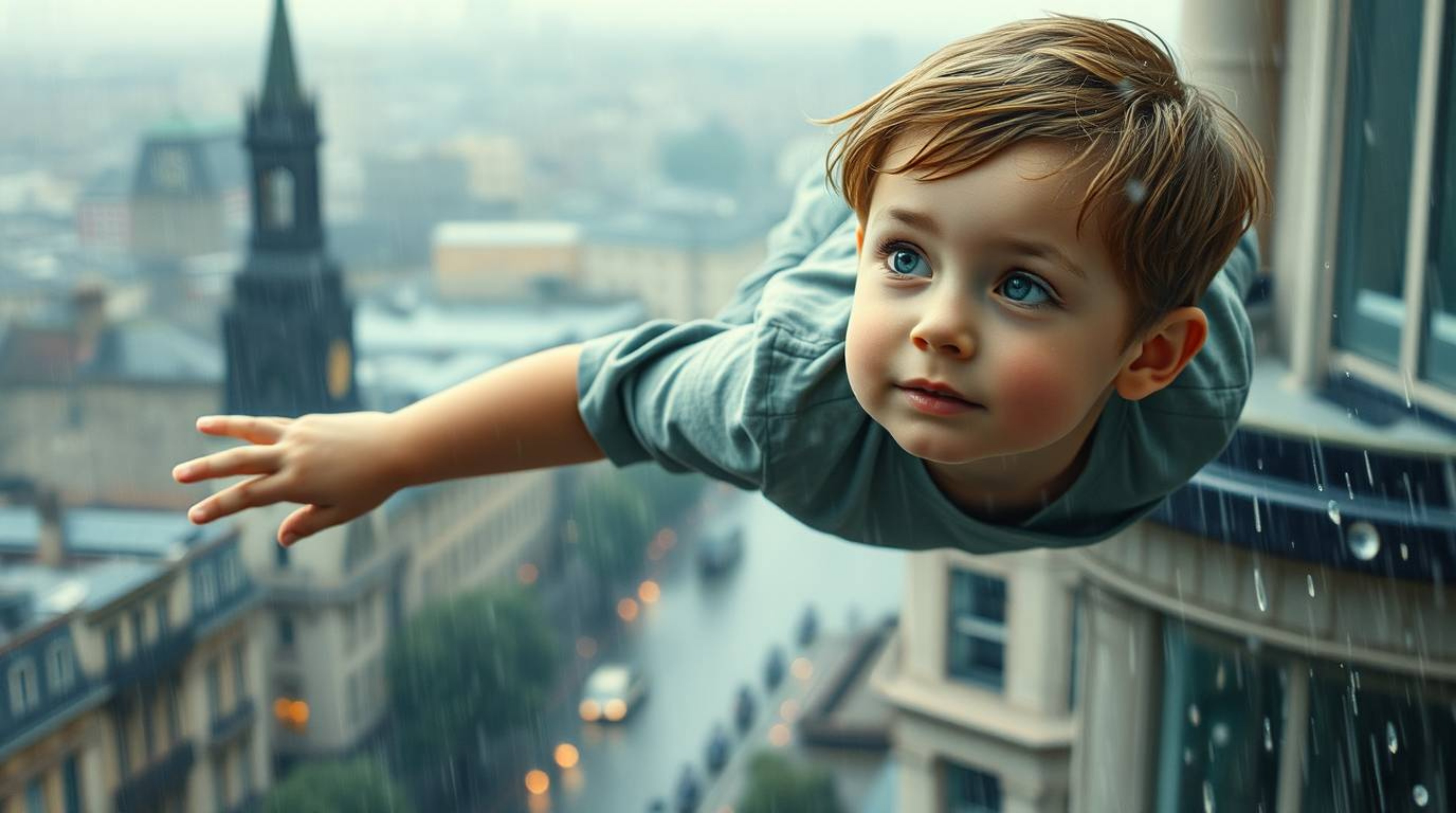 A captivating image depicts a young boy with delicate features and fair skin soaring through the air amidst a cloud of pixie 