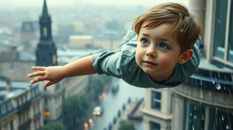 A captivating image depicts a young boy with delicate features and fair skin soaring through the air amidst a cloud of pixie 