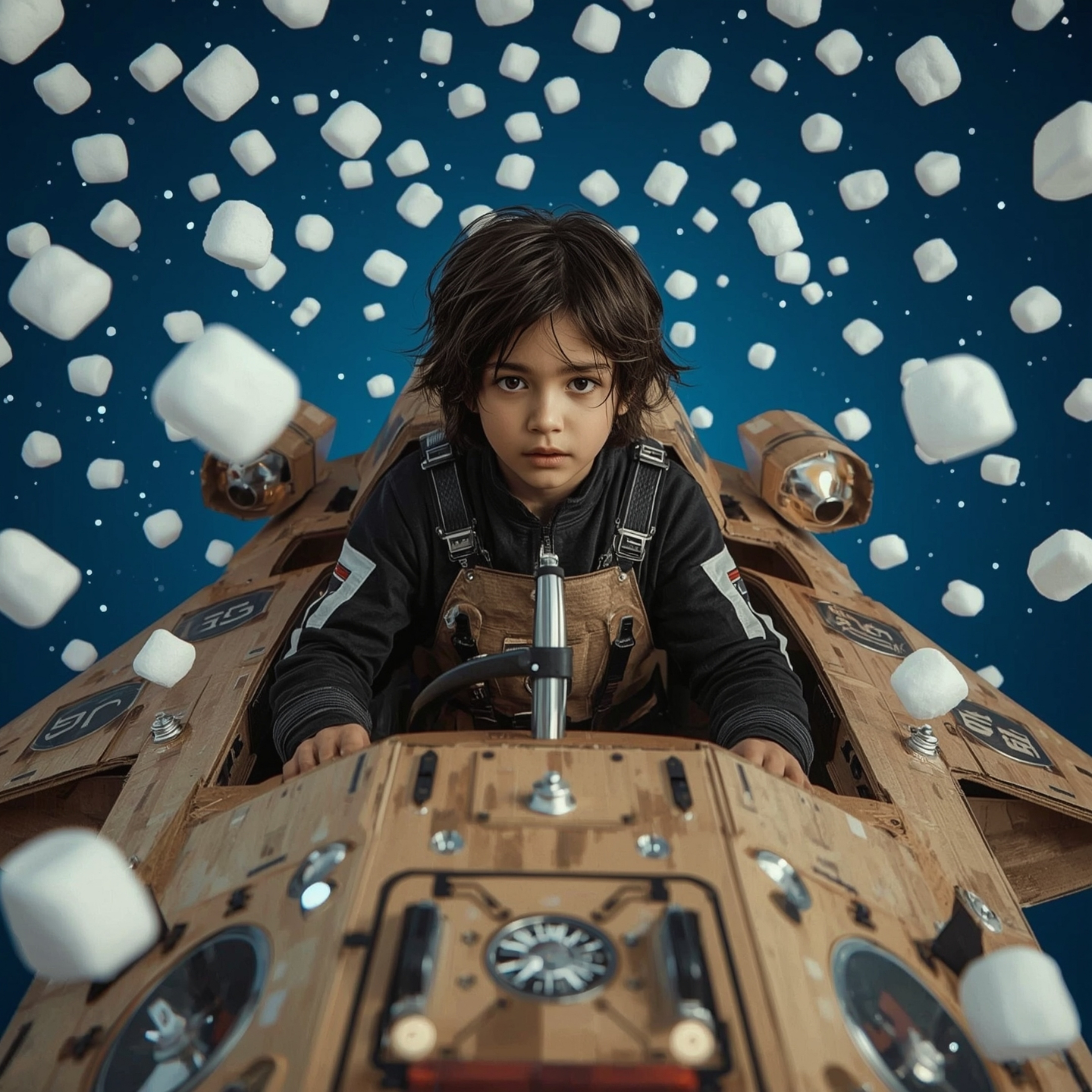 A captivating high-fashion photoshoot captures a young boy in a sleek black and white spacesuit, piloting a meticulously craf