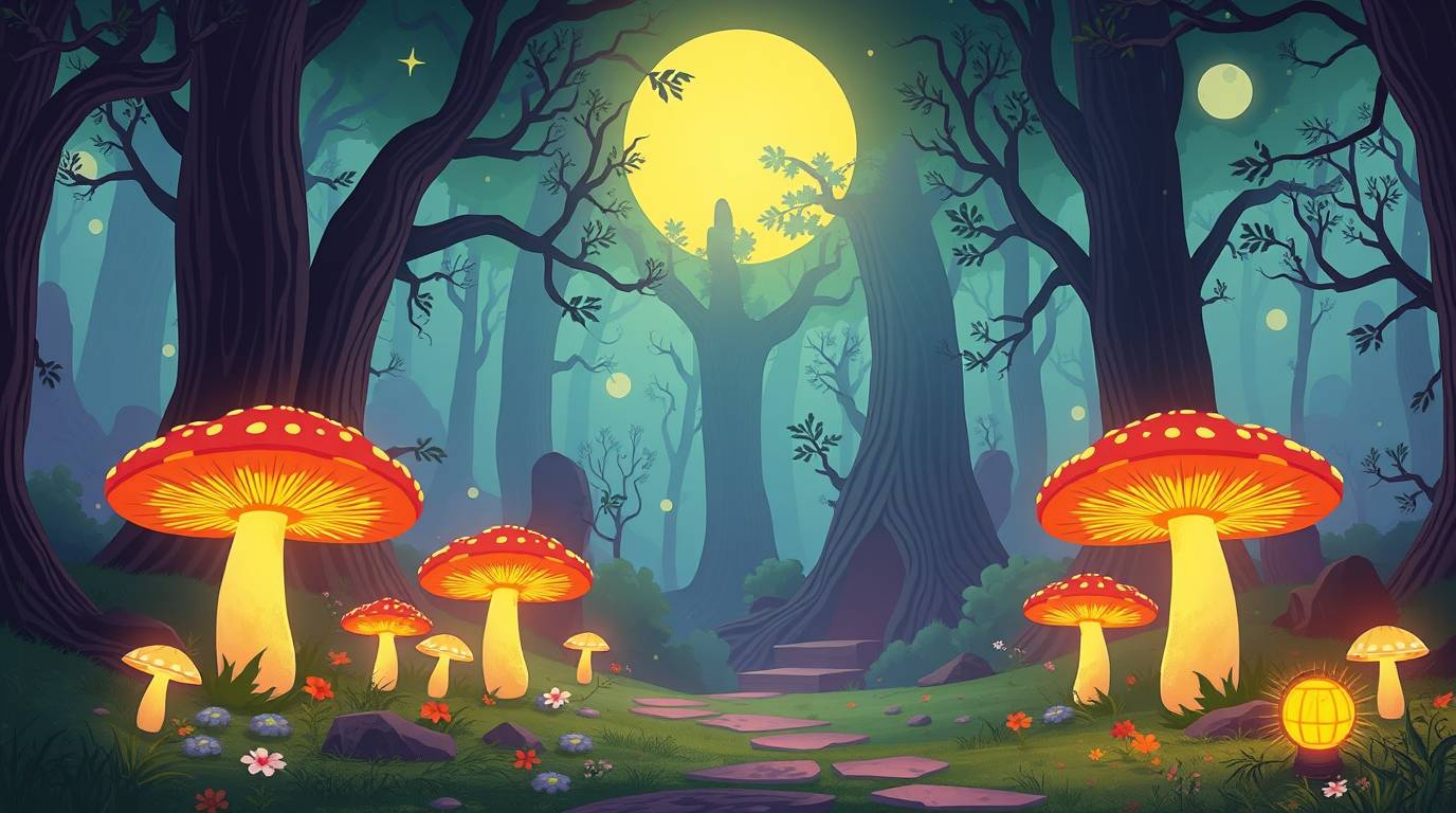Explore a modern, future grand epic scene depicting a vintage-style enchanted forest filled with glowing mushrooms and illumi