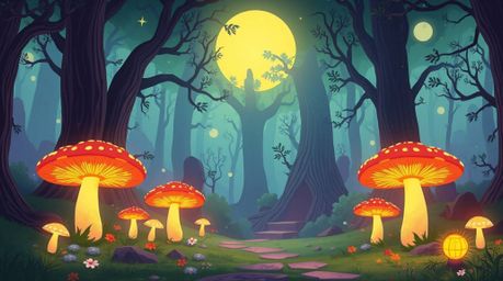 Explore a modern, future grand epic scene depicting a vintage-style enchanted forest filled with glowing mushrooms and illumi