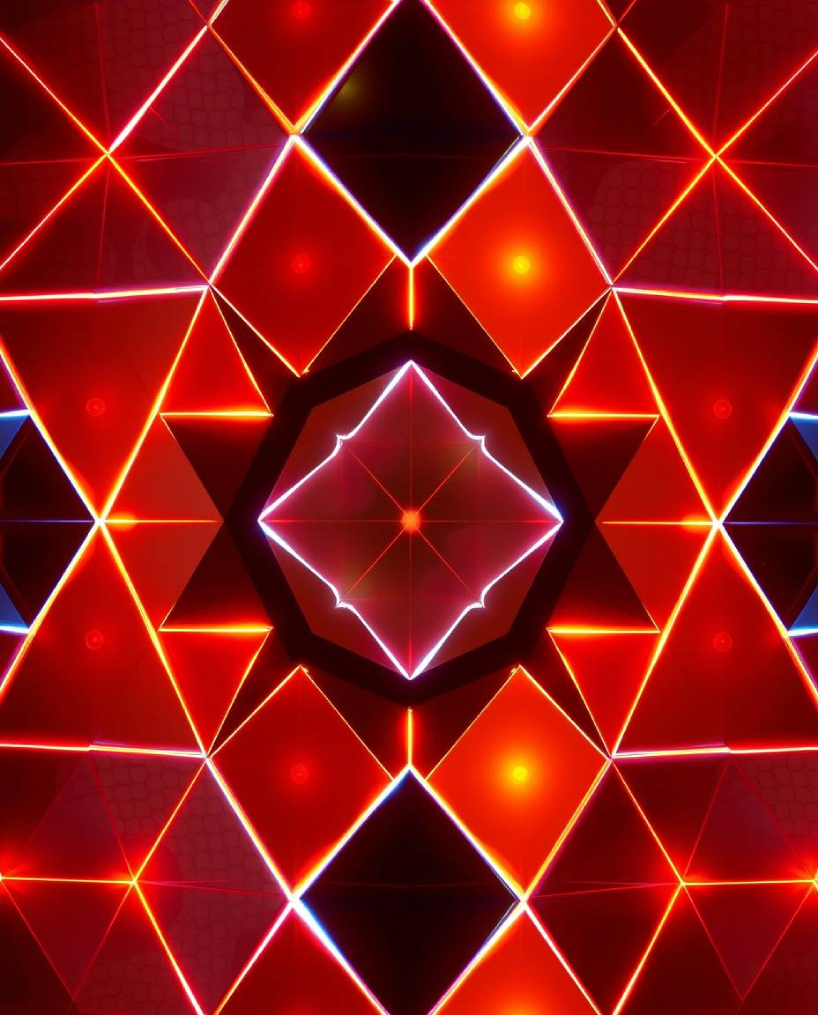 A captivating light art piece showcases a seamless geometric pattern of hexagons and triangles bathed in a vibrant neon color