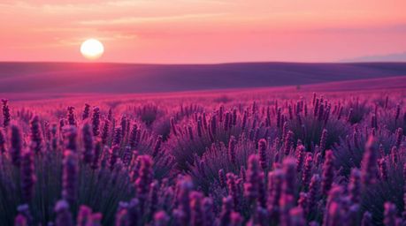 Explore a graceful and elegant digital painting showcasing lavender fields bathed in the soft glow of a dreamy pink sky. This