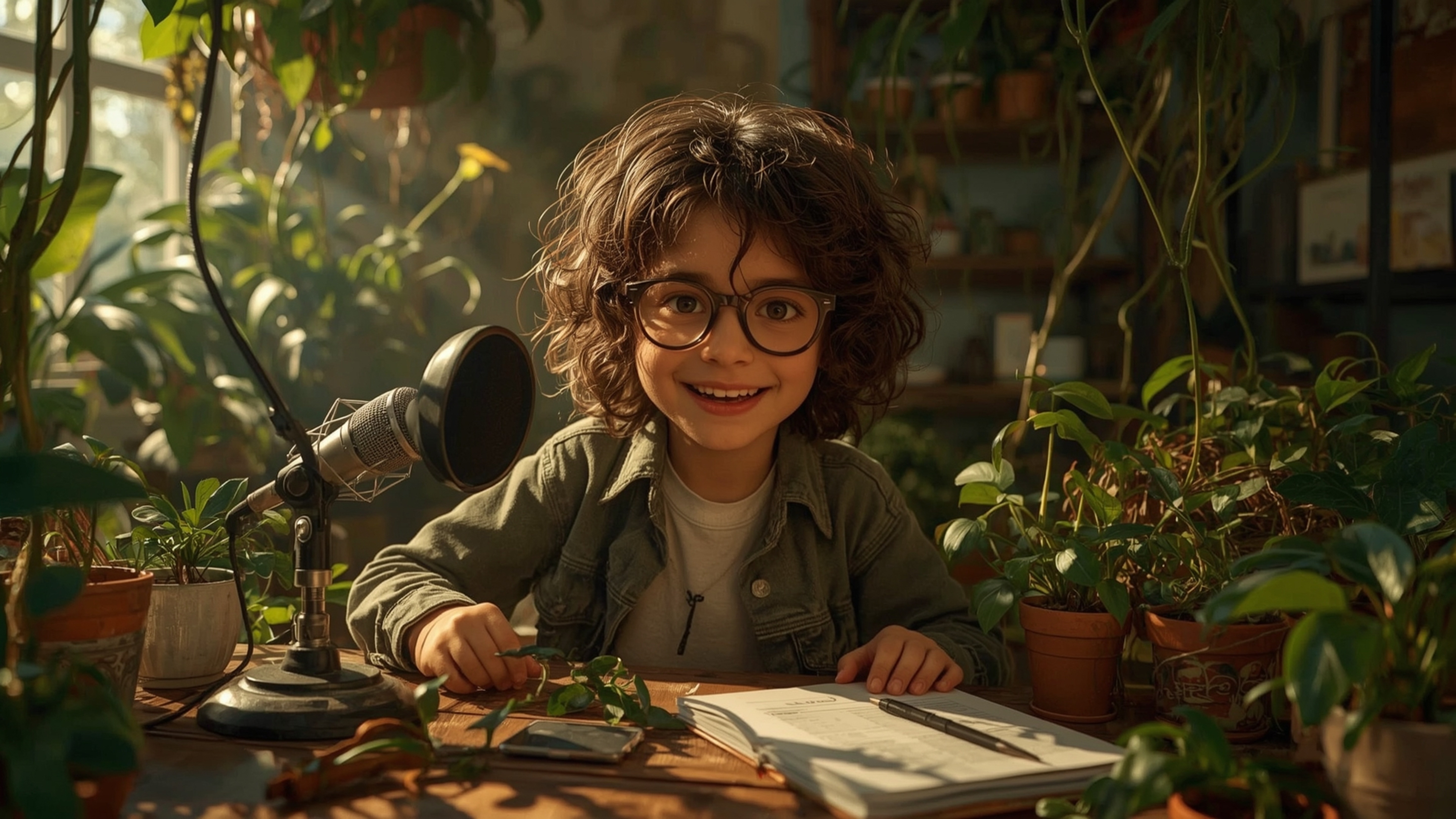 In a warmly lit, whimsical cinematic photograph, a bright-eyed young genius with curly brown hair records a podcast in a cozy