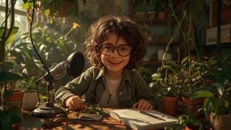 In a warmly lit, whimsical cinematic photograph, a bright-eyed young genius with curly brown hair records a podcast in a cozy