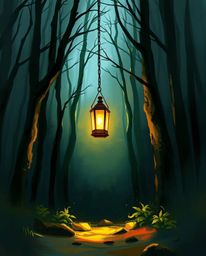 A glowing lantern illuminates a dark forest in this dynamic digital sketch, rendered with loose, painterly strokes and captiv