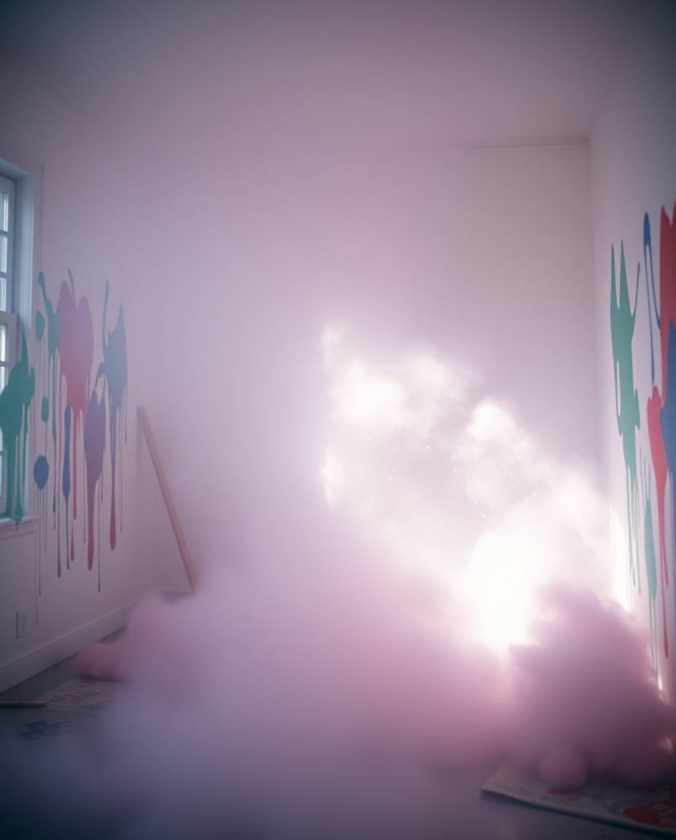 Experience a breathtaking scene of a room exploding with paint, rendered in an ethereal and spiritual manner.  Bathed in a so