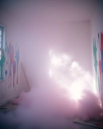 Experience a breathtaking scene of a room exploding with paint, rendered in an ethereal and spiritual manner.  Bathed in a so