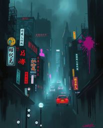 This stunning digital painting captures a moody cyberpunk cityscape with vibrant neon splashes. The low contrast and gritty a