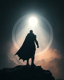 A heroic figure stands at the entrance of a massive tunnel, gazing towards a brilliant light source.  The scene is epic in sc