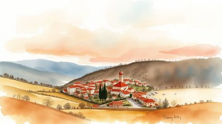 A delicate watercolor painting depicting a cozy village nestled in a valley beneath a vibrant, colorful sky. The artwork util