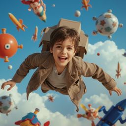 A stunning high-fashion photograph in the style of Pixar depicts a joyful boy with bright eyes, building a remarkably detaile