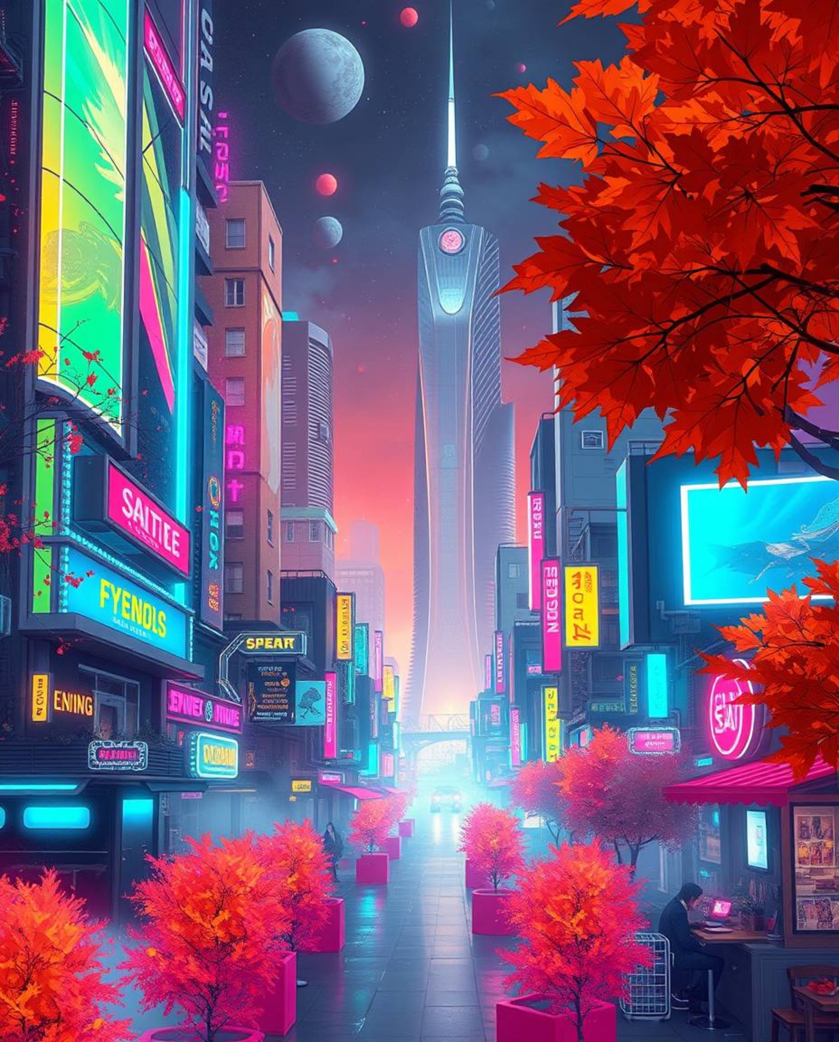 A captivating image showcasing a futuristic cyberpunk cityscape, beautifully rendered with vibrant neon splashes and a warm a