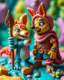 This vibrant sculptural clay artwork depicts a captivating scene of a talking animal sidekick assisting a hero on their journ