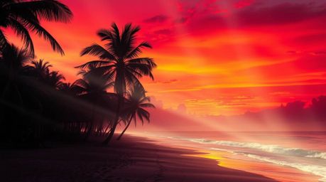 Experience the mesmerizing beauty of a tropical sunset on a pristine beach. Palm trees sway gently in the breeze as volumetri