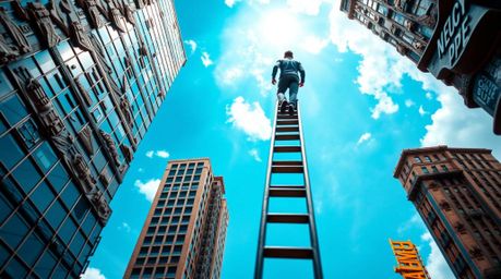 A captivating sculptural clay artwork depicts a businessperson ascending a transparent ladder into a vibrant blue sky above t
