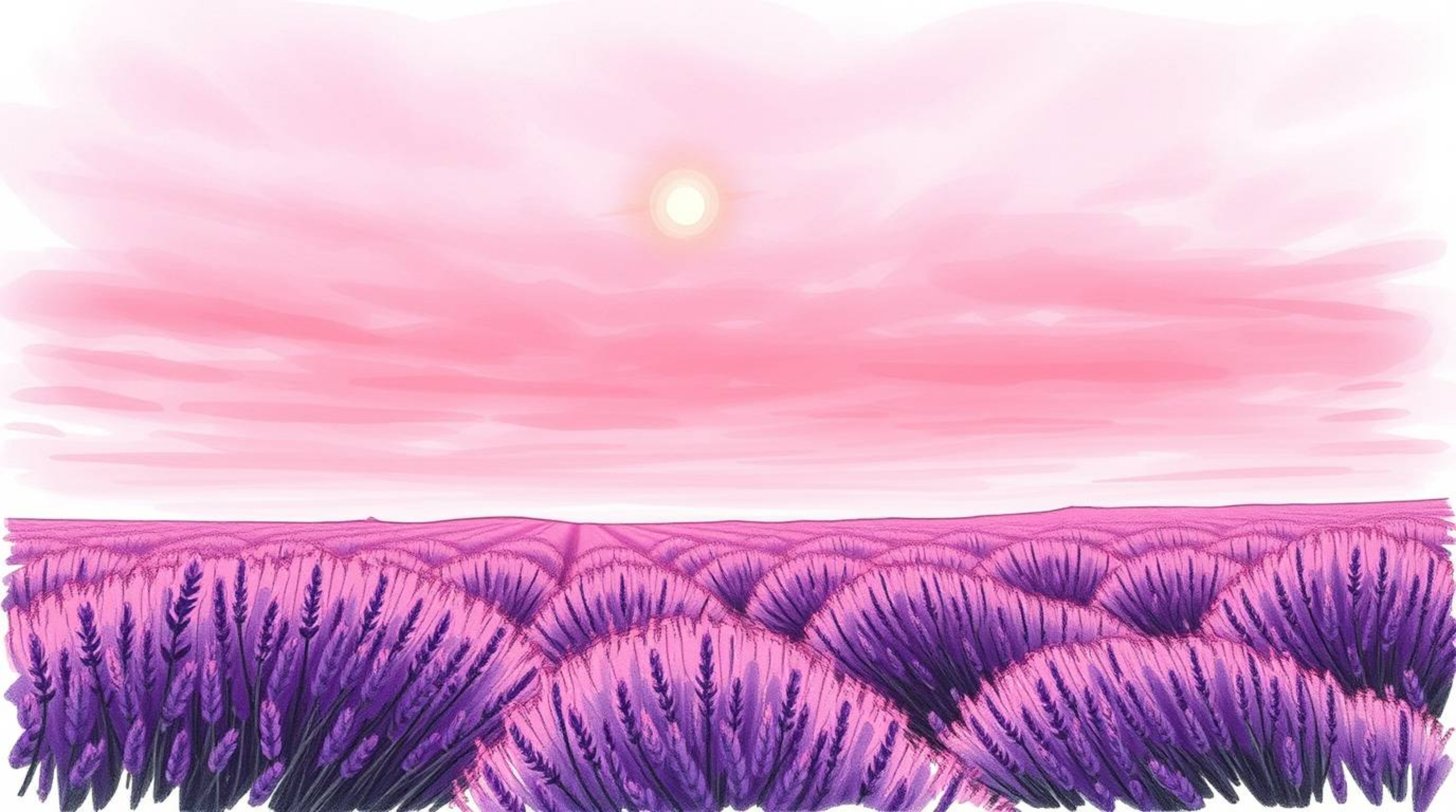 Experience the serenity of lavender fields aglow under a dreamy pink sky in this high-angle, hand-drawn color sketchnote. The