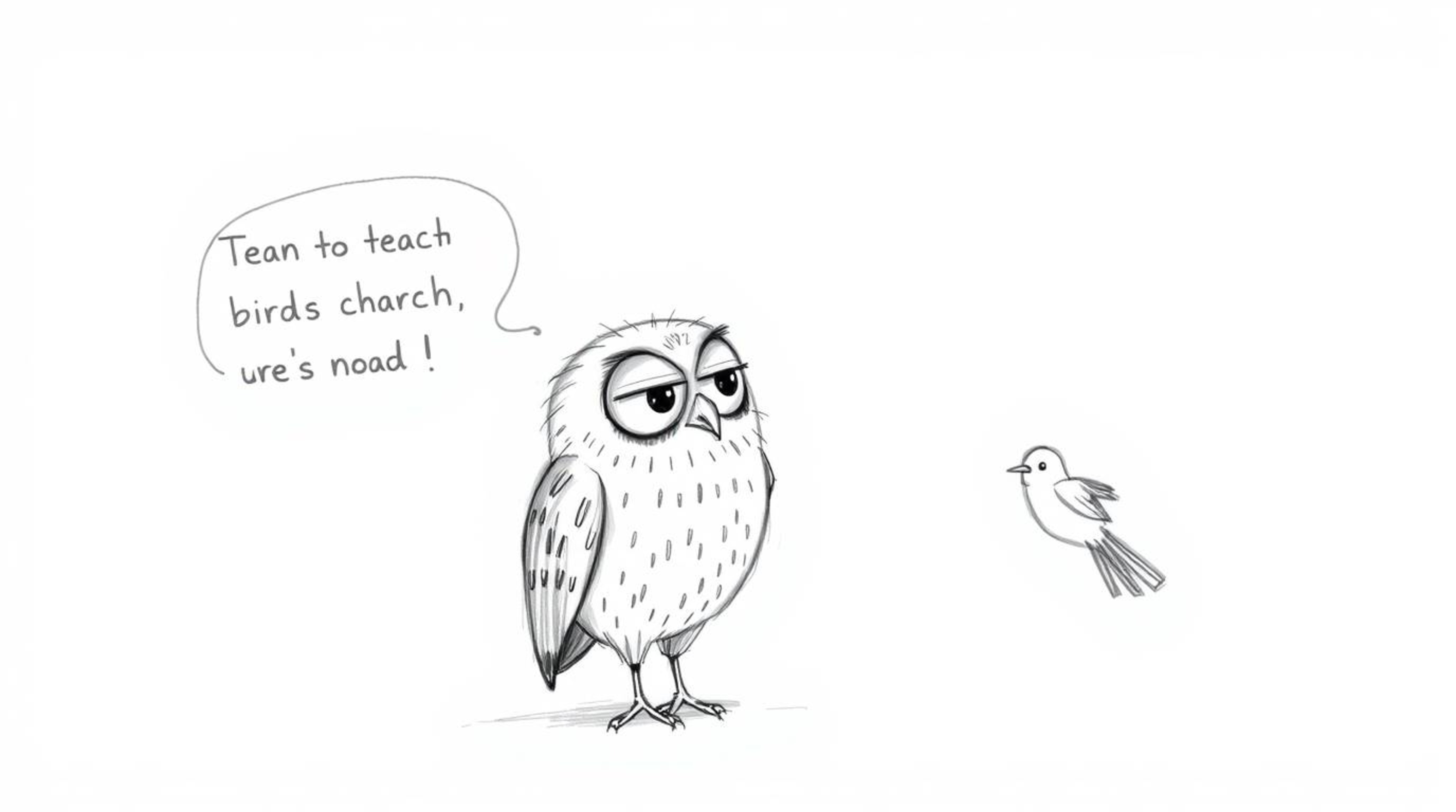 A heartwarming hand-drawn sketch in the style of Pixar showcases a blind owl with textured pencil strokes and rough lines, em