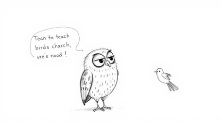 A heartwarming hand-drawn sketch in the style of Pixar showcases a blind owl with textured pencil strokes and rough lines, em