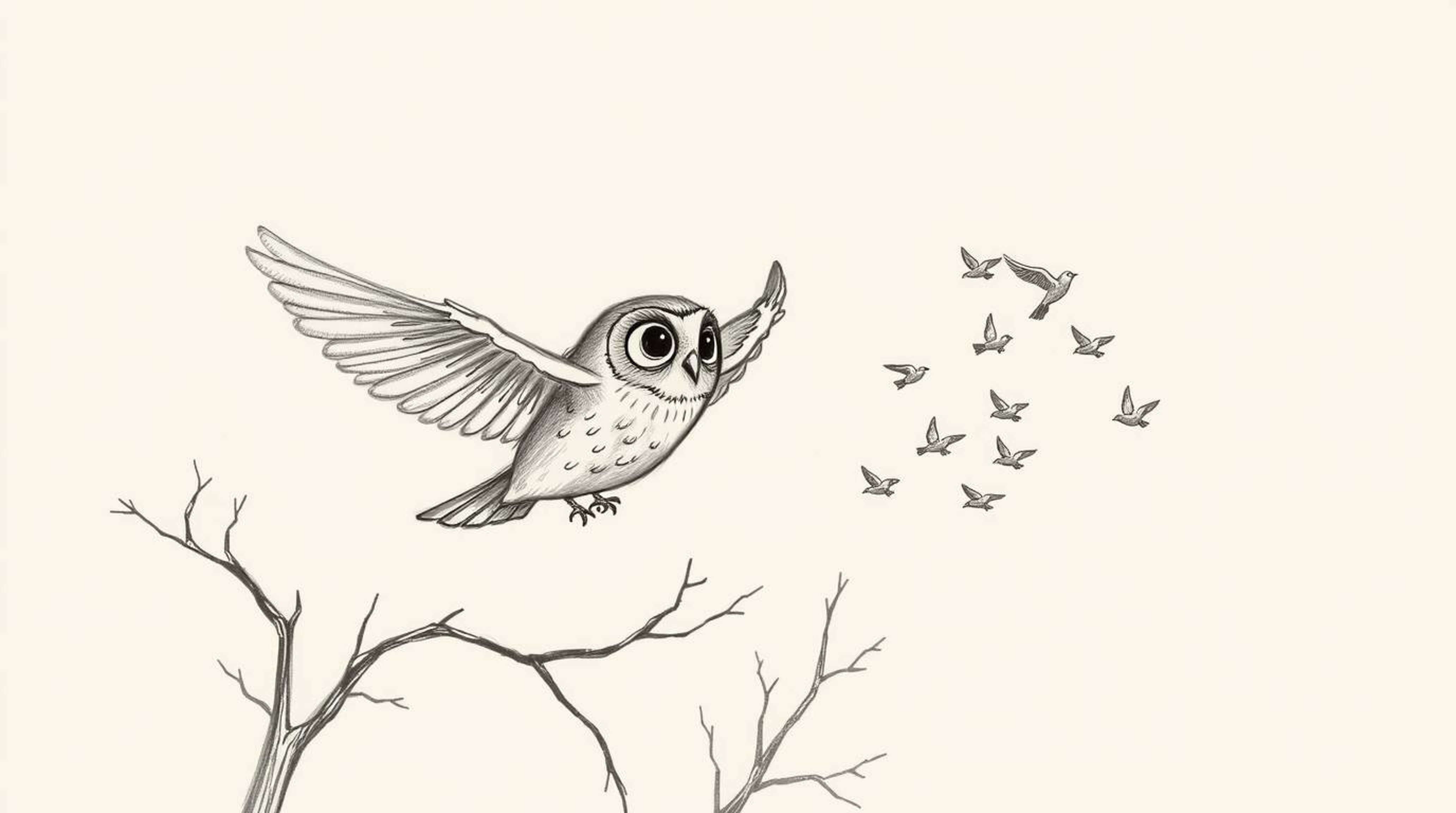 A heartwarming hand-drawn sketch in the style of Pixar depicts a blind owl gracefully gliding between trees, passionately tea