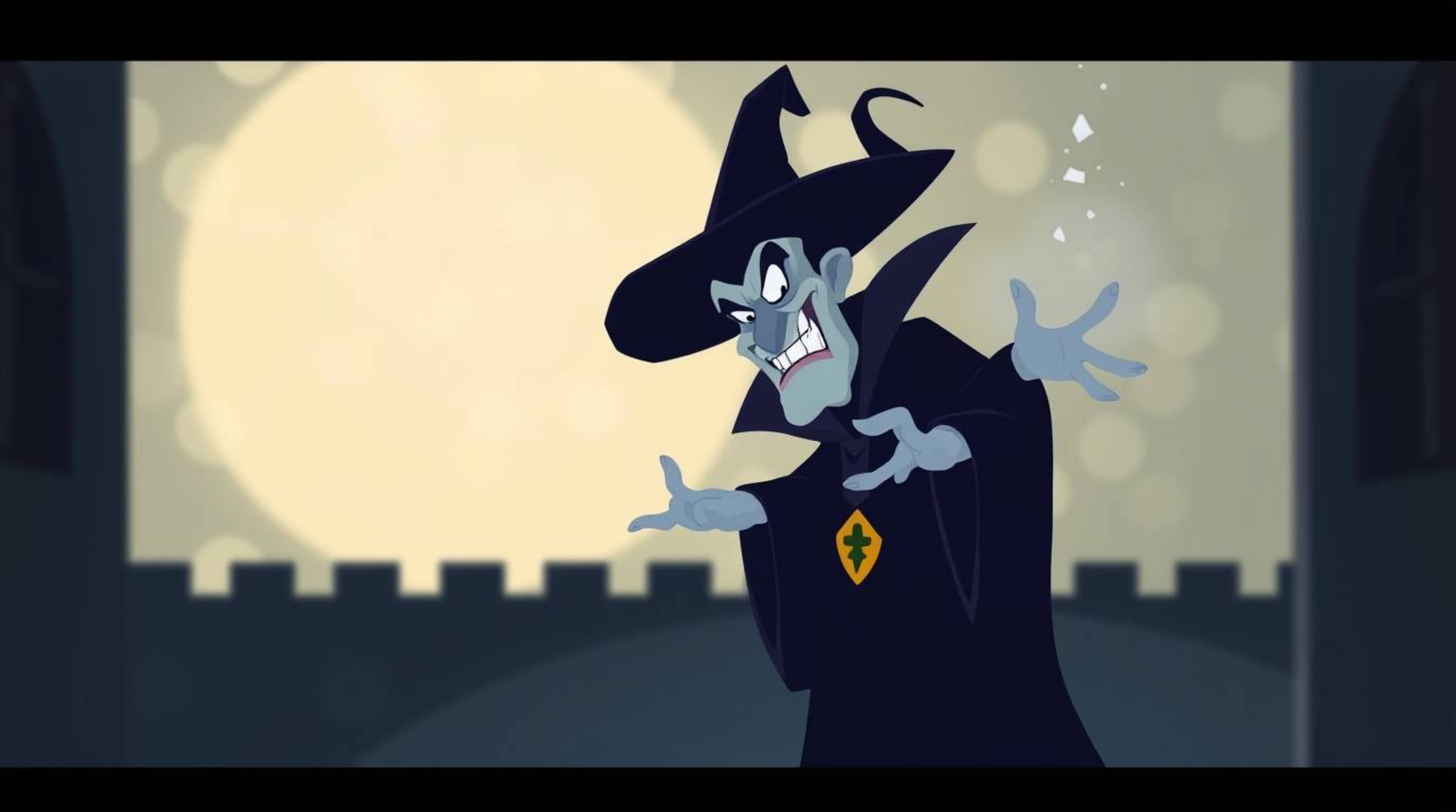 A captivating image depicting a classic Disney villain casting a spell within a minimalist, two-dimensional old castle. The