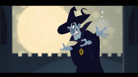 A captivating image depicting a classic Disney villain casting a spell within a minimalist, two-dimensional old castle.  The 