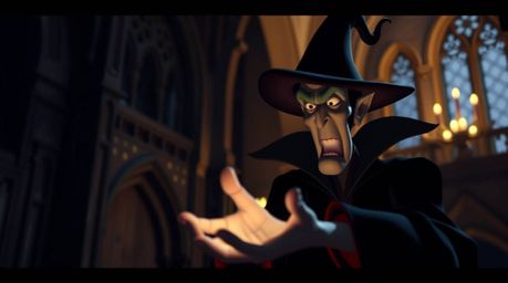 A captivating image of a classic Disney villain, sharply focused, casting a spell within a detailed, ancient castle. The sce