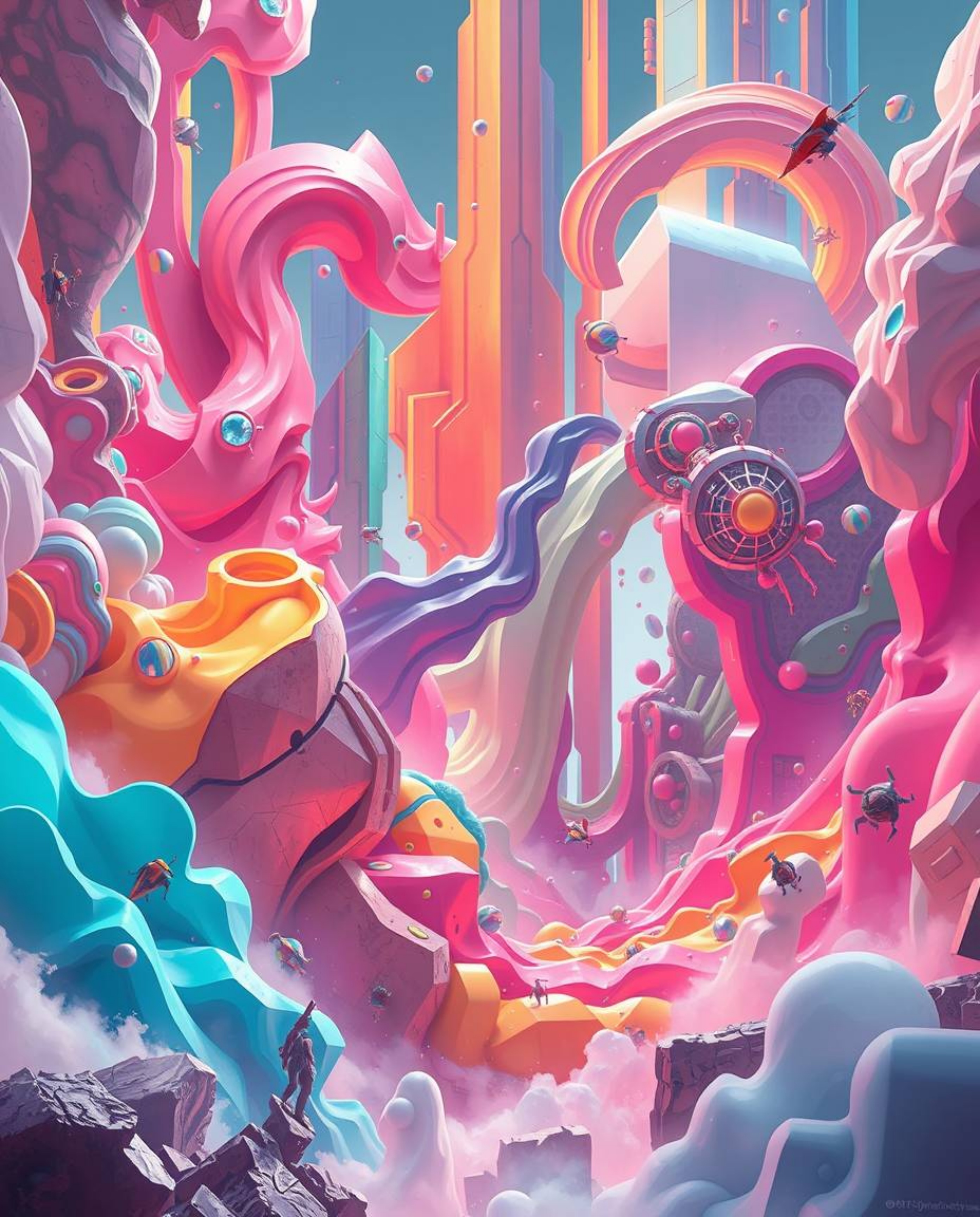 Explore an epic, grand scene set in a modern future, showcasing colorful 3D fluid shapes and geometric forms interacting with