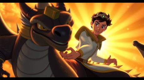 A charming prince, rendered in a captivating 1950s animation style, bravely faces a formidable dragon.  The scene is bathed i