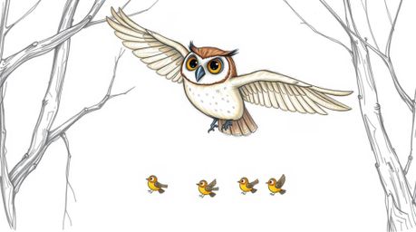 A charming hand-drawn sketch in the style of Pixar depicts a wise, blind owl gliding gracefully between trees.  With large, e