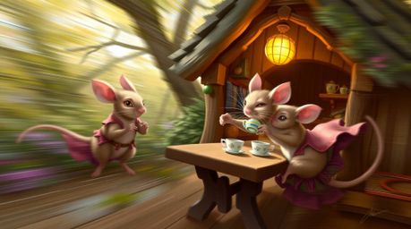 A vibrant digital painting depicts anthropomorphic mice enjoying tea in a cozy cottage. The artwork features dynamic motion,