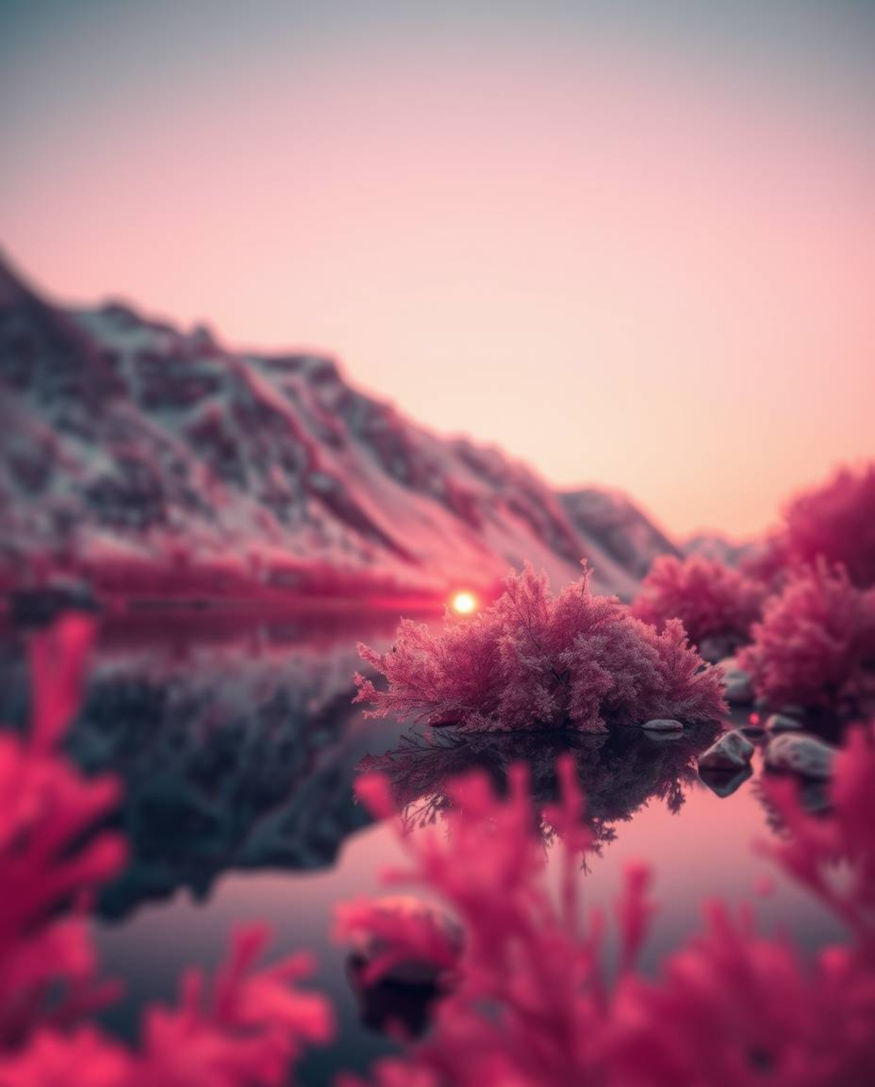 A surreal infrared photograph of a glassy fjord reflecting a sunset. This image has an otherworldly appearance, created by us