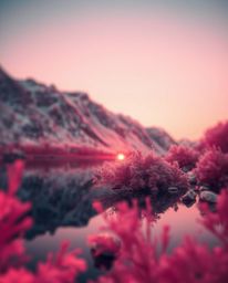 A surreal infrared photograph of a glassy fjord reflecting a sunset. This image has an otherworldly appearance, created by us