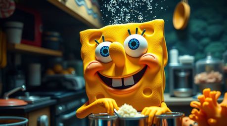 Discover stunning architectural-style photographs of a charming sponge character with bright blue eyes and tan skin, skillful