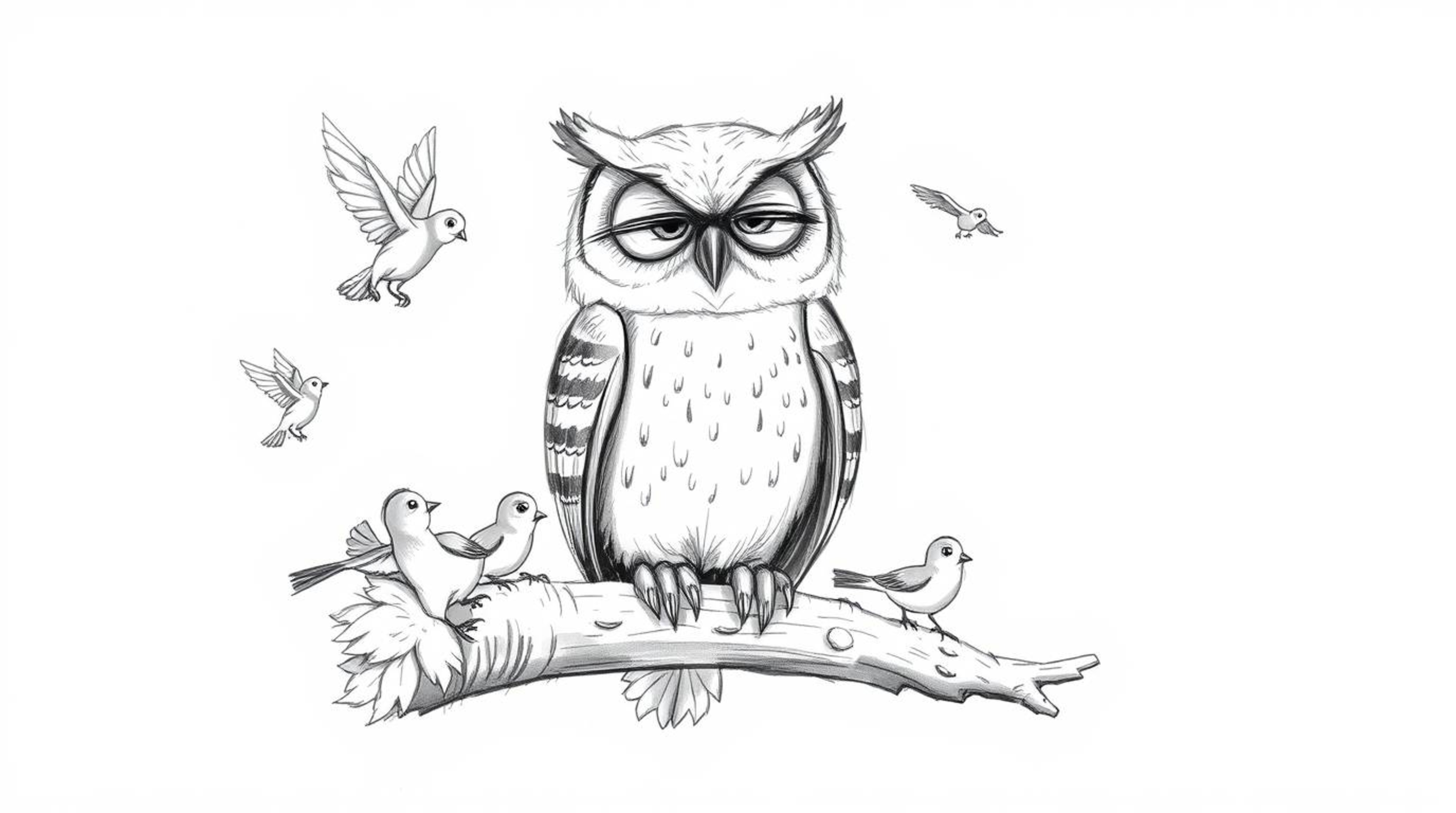 A Pixar-inspired hand-drawn sketch depicts a wise, blind owl perched patiently on a textured branch, surrounded by small, act