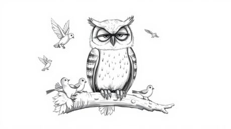 A Pixar-inspired hand-drawn sketch depicts a wise, blind owl perched patiently on a textured branch, surrounded by small, act