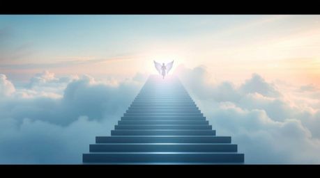 This high-resolution stock photo captures an ethereal and peaceful scene, depicting light steps ascending into a cloudy sky. 