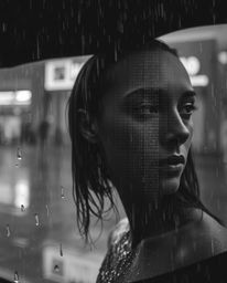 A captivating classic black and white photograph depicts a wet, rainy scene where a digital glitch transforms a human face in