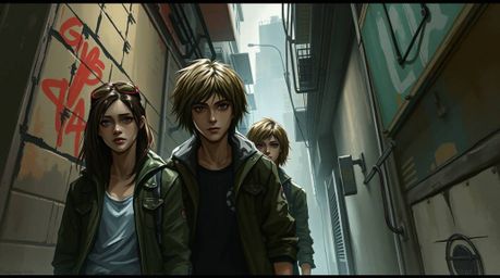 A captivating digital painting showcases rebellious teens in a grungy city alley.  The artwork features dynamic brushstrokes,