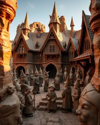 A whimsical and enchanting depiction of a magical school teeming with young wizards, meticulously crafted from layers of papi