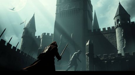 A thief infiltrates a heavily guarded castle, navigating strong, hard light that casts dramatic and harsh shadows. This visua