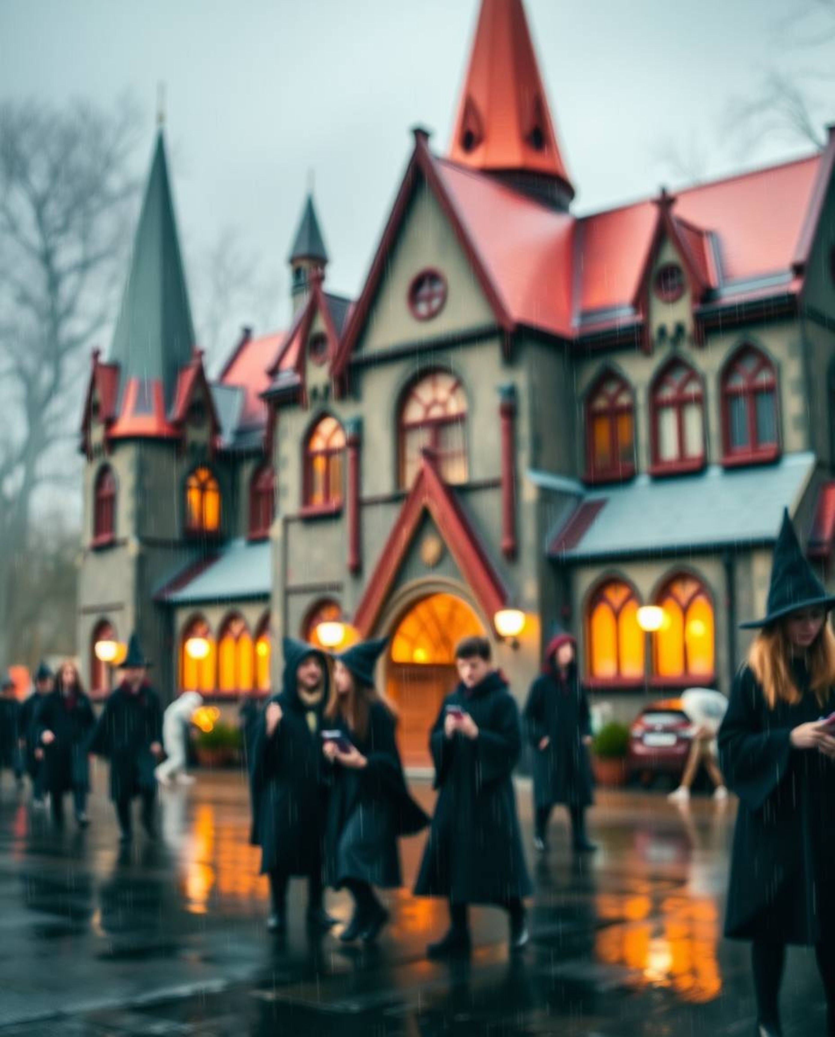 Immerse yourself in a magical school teeming with young wizards, depicted in a captivating rainy scene. The sharp focus on th