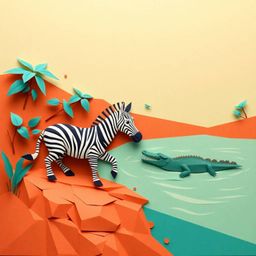 A captivating origami-style artwork featuring a 3D cartoon zebra in a precarious situation, narrowly escaping a crocodile nea