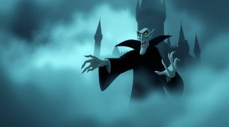 A classic Disney villain with sharp features and pale skin is depicted casting a spell within the confines of an old castle,