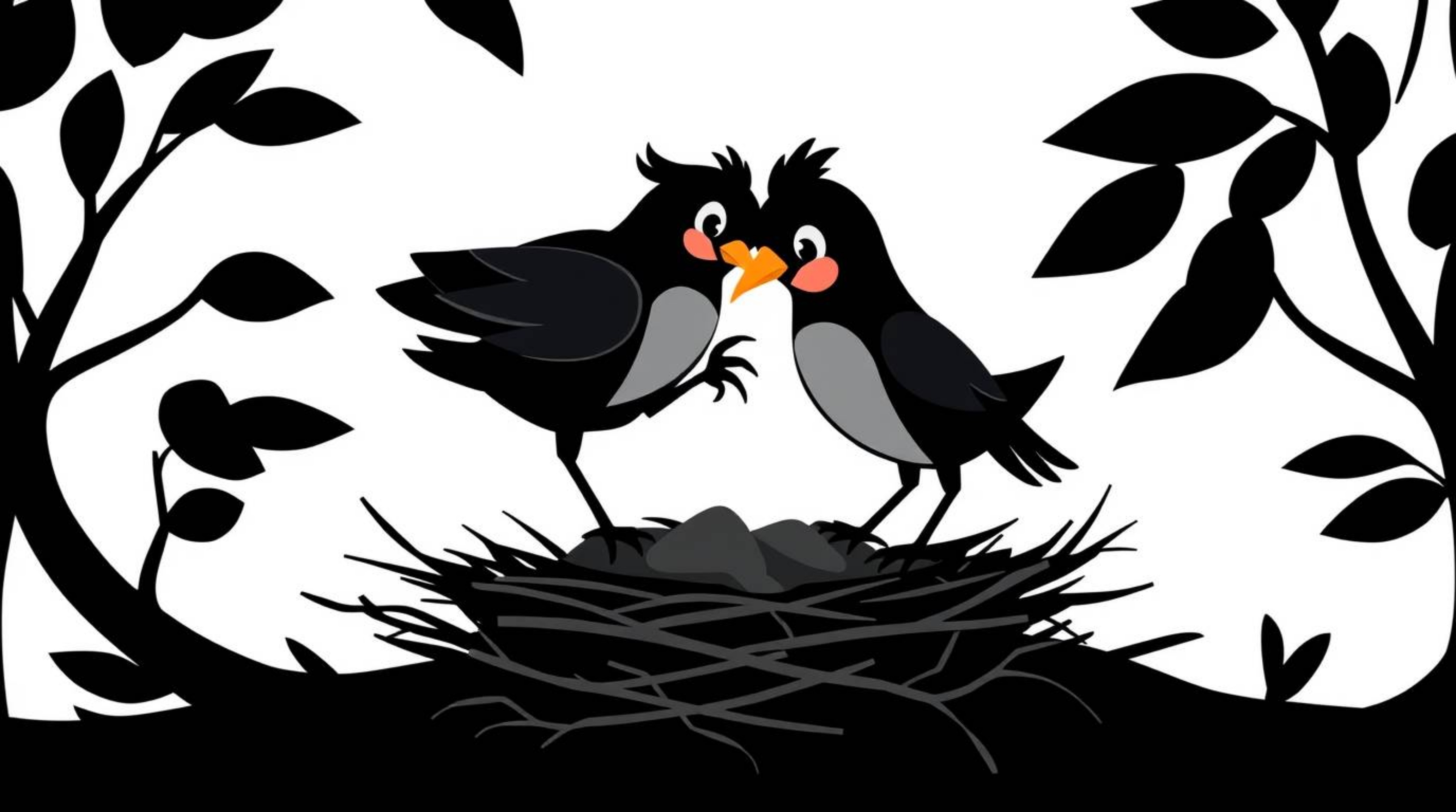 A modern flat design illustration featuring two cartoon birds diligently building a nest, rendered in intense jet black with
