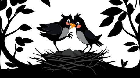 A modern flat design illustration featuring two cartoon birds diligently building a nest, rendered in intense jet black with