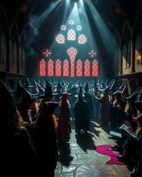 Explore a magical school teeming with young wizards, rendered in electric and vivid colors, bathed in strong, hard light that
