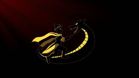 This high-contrast logo, inspired by dramatic lighting, showcases a charming prince engaged in a battle with a dragon, all re
