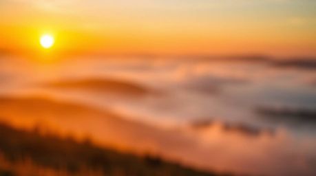 A breathtaking image showcasing fog-covered hills bathed in the warm, golden glow of a setting sun.  The sharp focus on the h