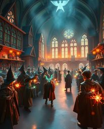 Immerse yourself in an epic scene of a magical school teeming with young wizards, rendered in a modern, futuristic style on a